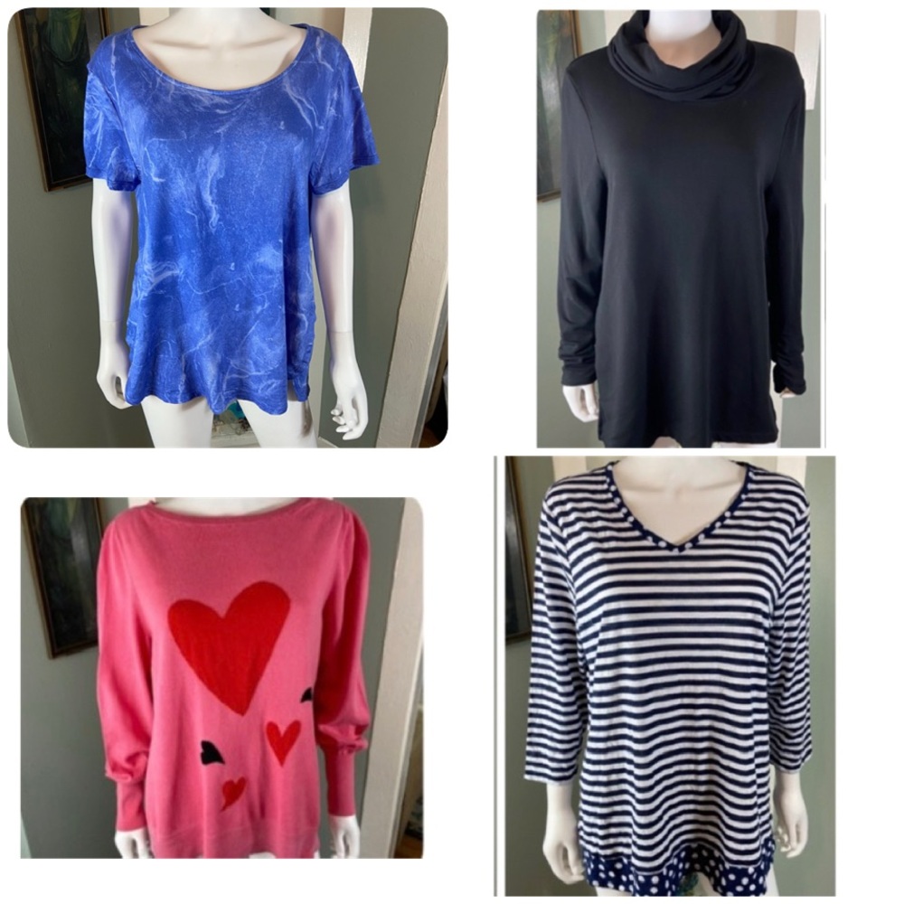 FLAWS Chico's Sz 2 Bundle of 4 Hearts Striped Black Cowl Neck Sweater Shirt Tops